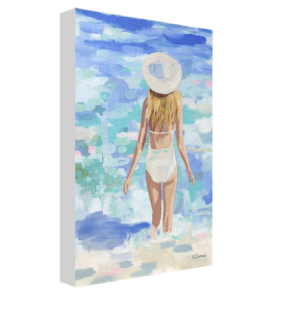 Kristin Cooney's fine art giclee print titled GWYNETH of a pretty woman in a white bathing suit at the beach, walking into the waves, has a feminine palm beach vibe and is the perfect art to add some fun and elegance any home decor, interior design.  A nod to vintage glamour with free U.S. shipping and multiple size options. Created from an original painting by Kristin Cooney.