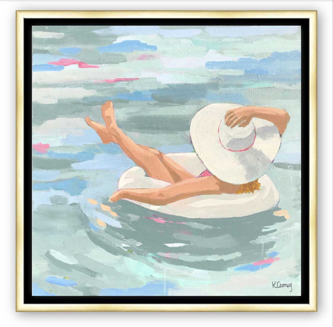 Kristin Cooney's fine art print from her Bathing Beauties collection, inspired by 1950's beach fashion and femininity. The HANNAH fine art print by Kristin Cooney—featuring a glamorous woman in a pink swimsuit and sunhat, gracefully lounging in a pool float. A nod to vintage glamour with free U.S. shipping and multiple size options. Created from an original painting by Kristin Cooney.