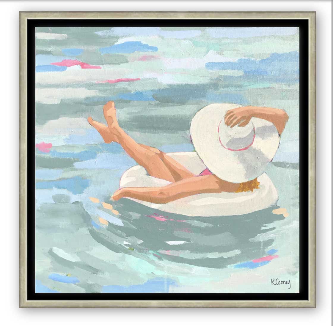 Kristin Cooney's fine art print from her Bathing Beauties collection, inspired by 1950's beach fashion and femininity. The HANNAH fine art print by Kristin Cooney—featuring a glamorous woman in a pink swimsuit and sunhat, gracefully lounging in a pool float. A nod to vintage glamour with free U.S. shipping and multiple size options. Created from an original painting by Kristin Cooney.