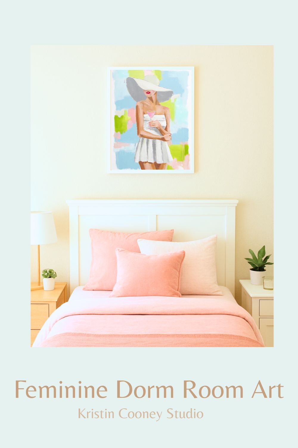 Kristin Cooney's fine art giclee print of a pretty woman in a white bathing suit sipping a pink cocktail, with a sunhat on, has a feminine palm beach vibe and is the perfect art to add some fun and elegance any home decor, interior design.  A nod to vintage glamour with free U.S. shipping and multiple size options. Created from an original painting by Kristin Cooney.