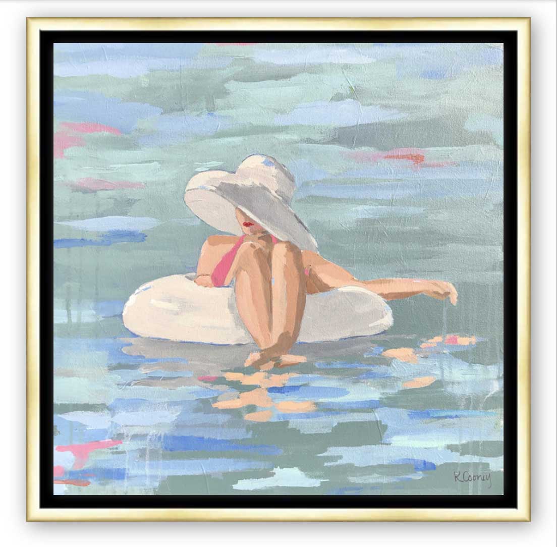 Art print titled PRISCILLA from the BATHING BEAUTIES COLLECTION by Kristin Cooney, inspired by 1950's beach fashion and femininity. The PRISCILLA fine art print by Kristin Cooney—featuring a glamorous woman in a pink swimsuit and sunhat, gracefully lounging in a pool float. A nod to vintage glamour with free U.S. shipping and multiple size options. Created from an original painting by Kristin Cooney.