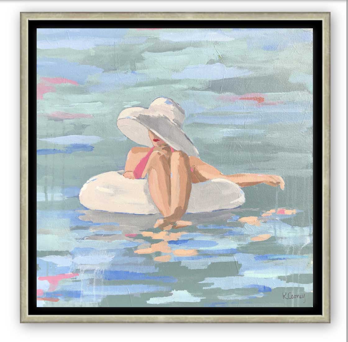 Art print titled PRISCILLA from the BATHING BEAUTIES COLLECTION by Kristin Cooney, inspired by 1950's beach fashion and femininity. The PRISCILLA fine art print by Kristin Cooney—featuring a glamorous woman in a pink swimsuit and sunhat, gracefully lounging in a pool float. A nod to vintage glamour with free U.S. shipping and multiple size options. Created from an original painting by Kristin Cooney.