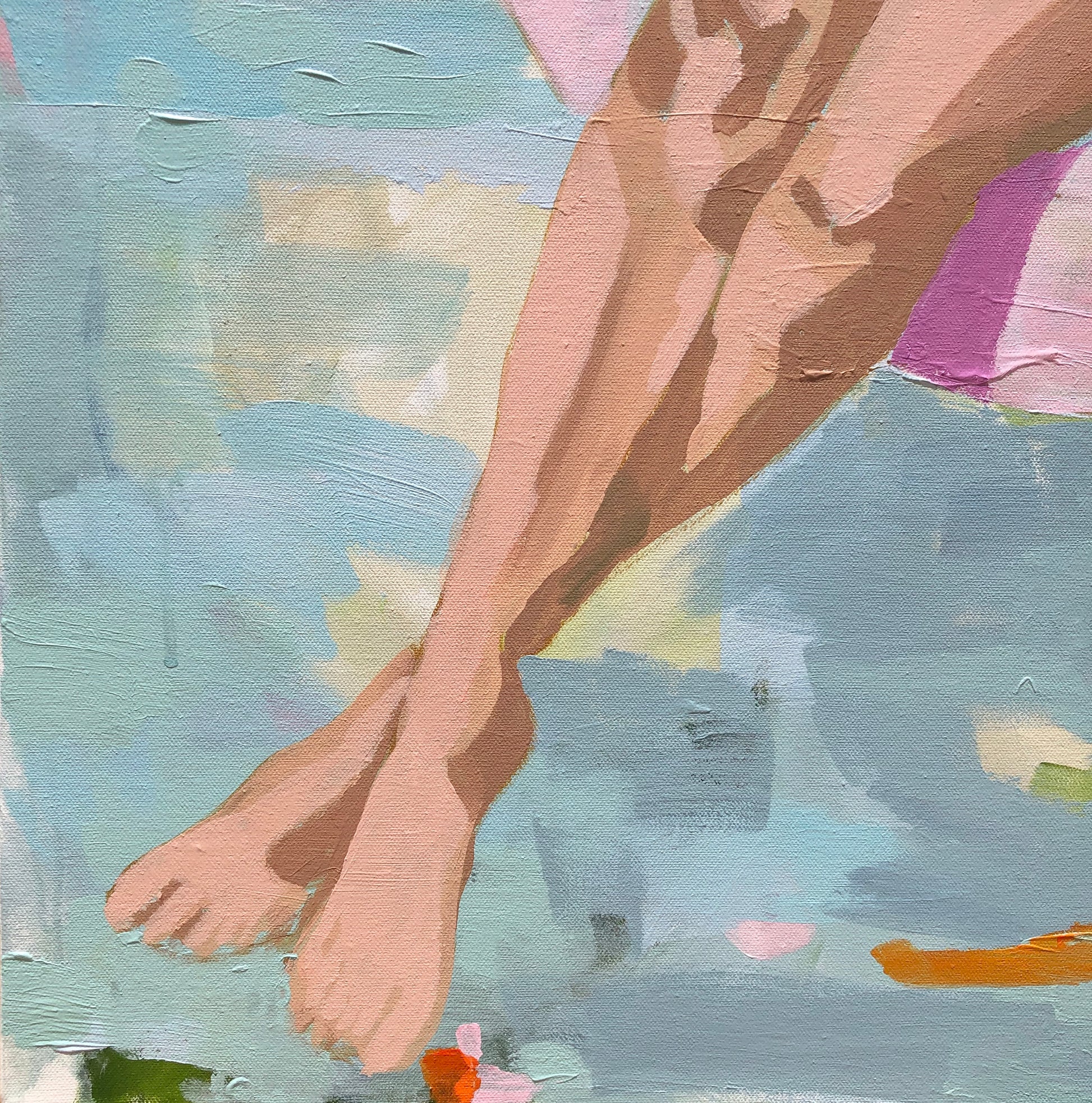 Kristin Cooney's fine art giclee print of a pretty woman in a bikini floating in an innertube in a beautiful water scene, has a feminine palm beach vibe and is the perfect art to add some fun and elegance any home decor, interior design.  Printed on Archival Matte Paper Metallic Bamboo frame or natural wood frame.