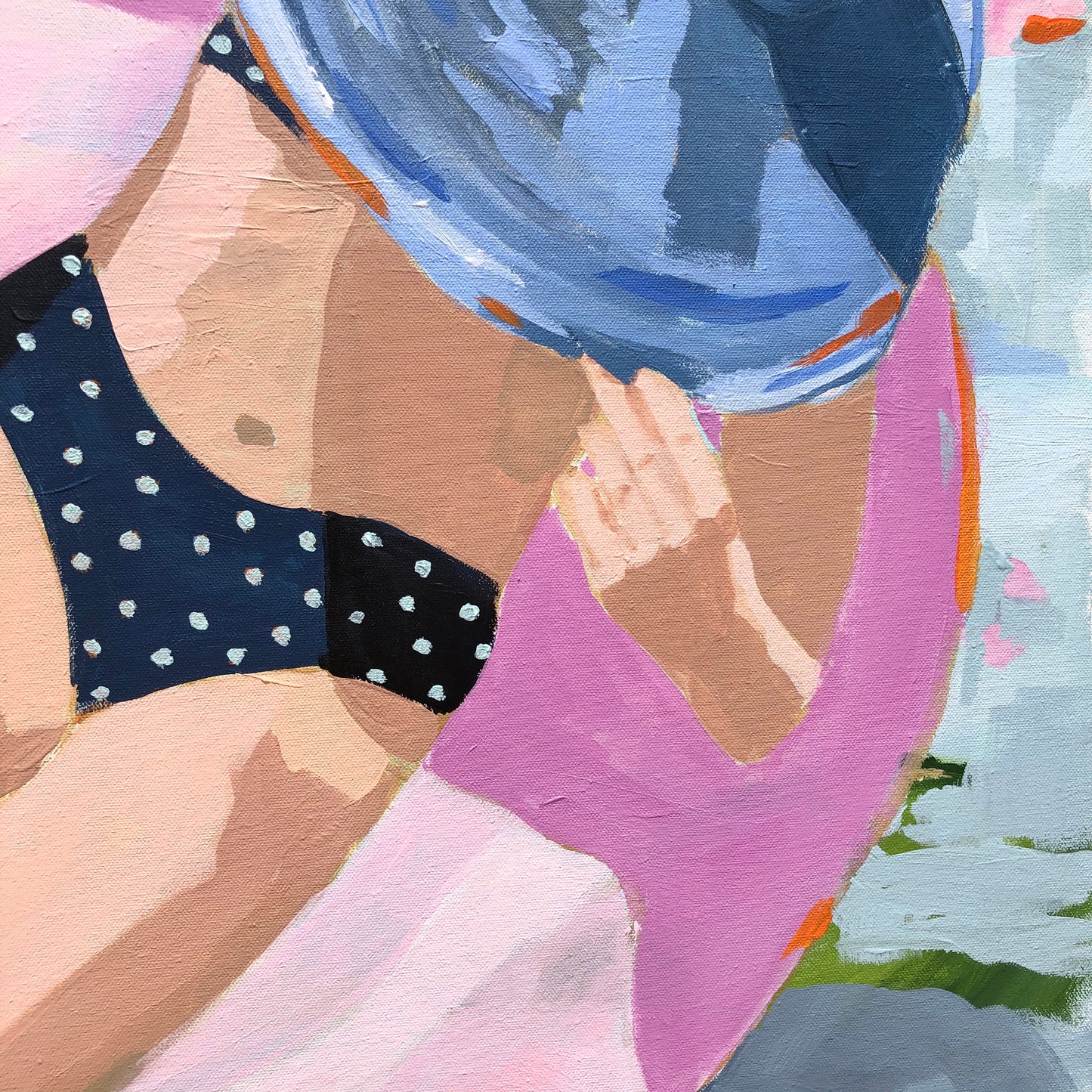 Kristin Cooney's fine art giclee print of a pretty woman in a bikini floating in an innertube in a beautiful water scene, has a feminine palm beach vibe and is the perfect art to add some fun and elegance any home decor, interior design.  Printed on Archival Matte Paper Metallic Bamboo frame or natural wood frame.