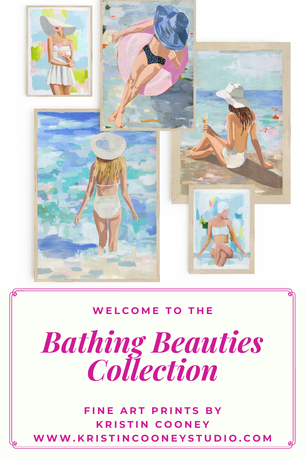 Kristin Cooney's fine art giclee print of a pretty woman in a bikini floating in an innertube in a beautiful water scene, has a feminine palm beach vibe and is the perfect art to add some fun and elegance any home decor, interior design. Printed on Archival Matte Paper Metallic Bamboo frame or natural wood frame.