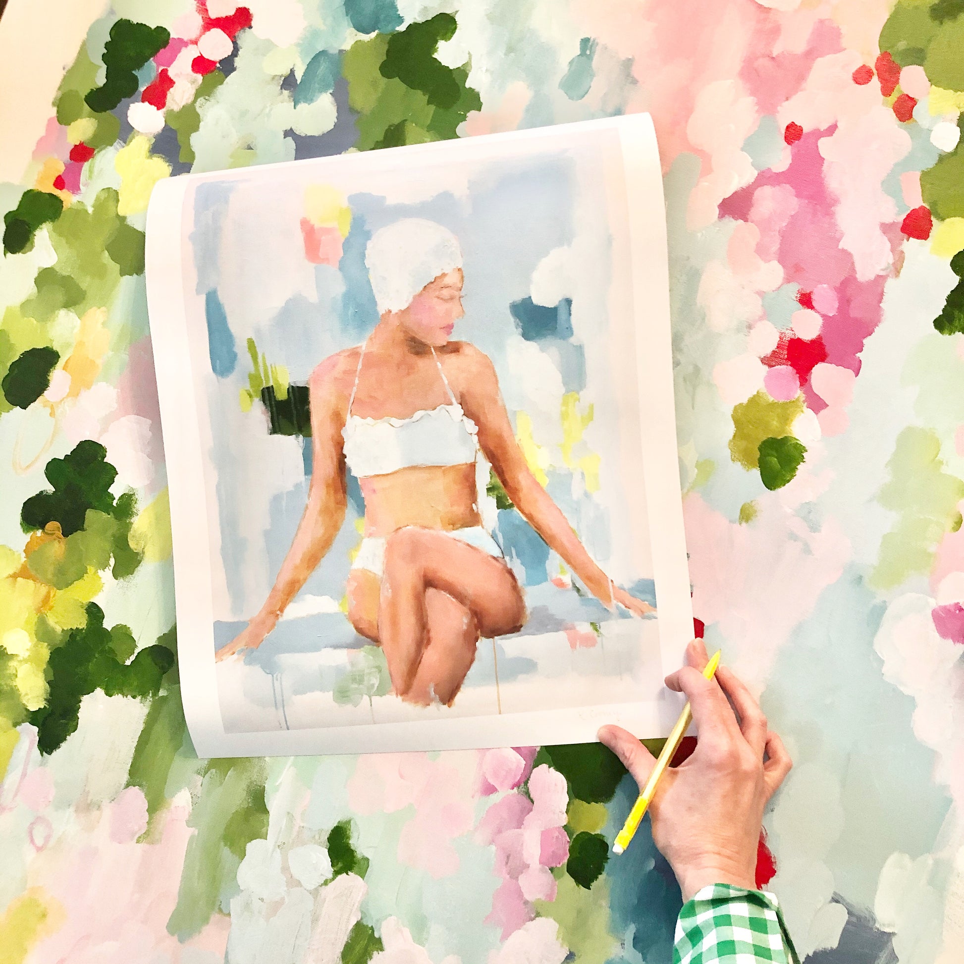 Kristin Cooney's fine art print from her Bathing Beauties collection, inspired by 1950's beach fashion and femininity. Woman in blue bikini and swim cap, synchronized swimmer in pool. Elegant nostalgic fashion art to add beauty to any home decor, interior design, beach house art, spa art, female figure art, bedroom art