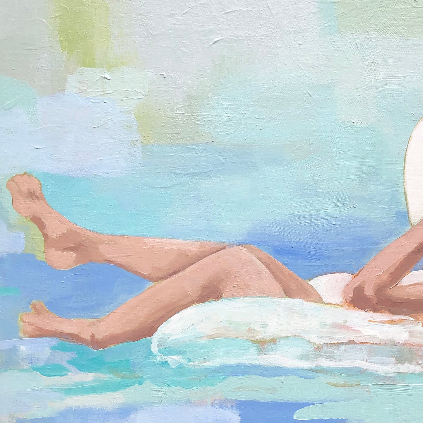 Kristin Cooney's fine art print from her Bathing Beauties collection, inspired by 1950's beach fashion and femininity. Woman in bikini and sun hat, floating in inner tube in pool. Elegant nostalgic fashion art to add beauty to any home decor, interior design, beach house art, spa art, female figure art, bedroom art