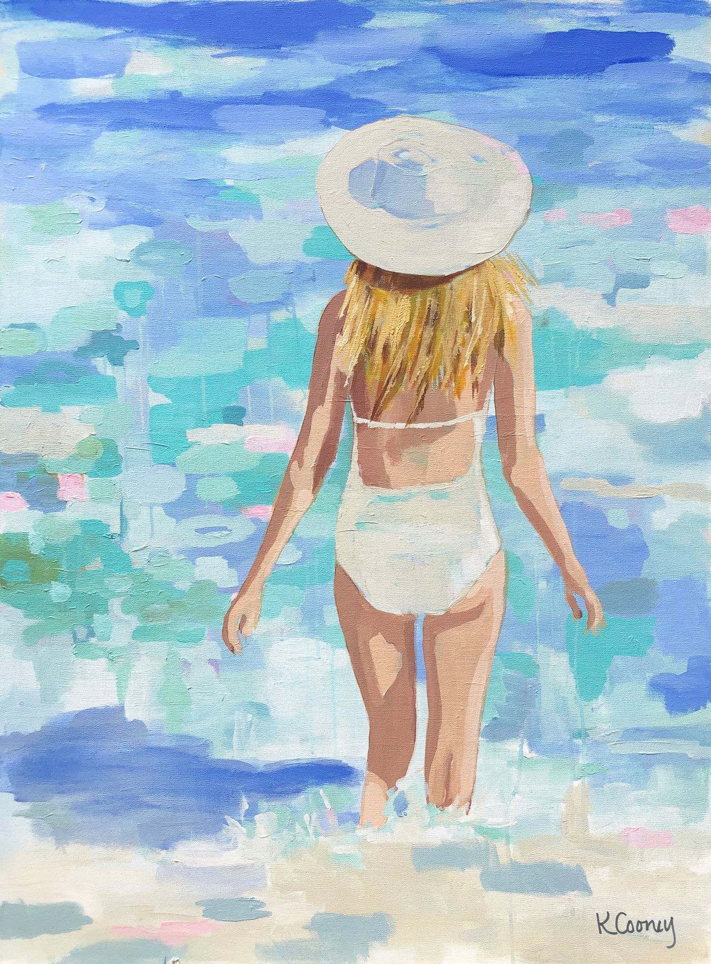 Kristin Cooney's fine art giclee print titled GWYNETH of a pretty woman in a white bathing suit at the beach, walking into the waves, has a feminine palm beach vibe and is the perfect art to add some fun and elegance any home decor, interior design.  A nod to vintage glamour with free U.S. shipping and multiple size options. Created from an original painting by Kristin Cooney.