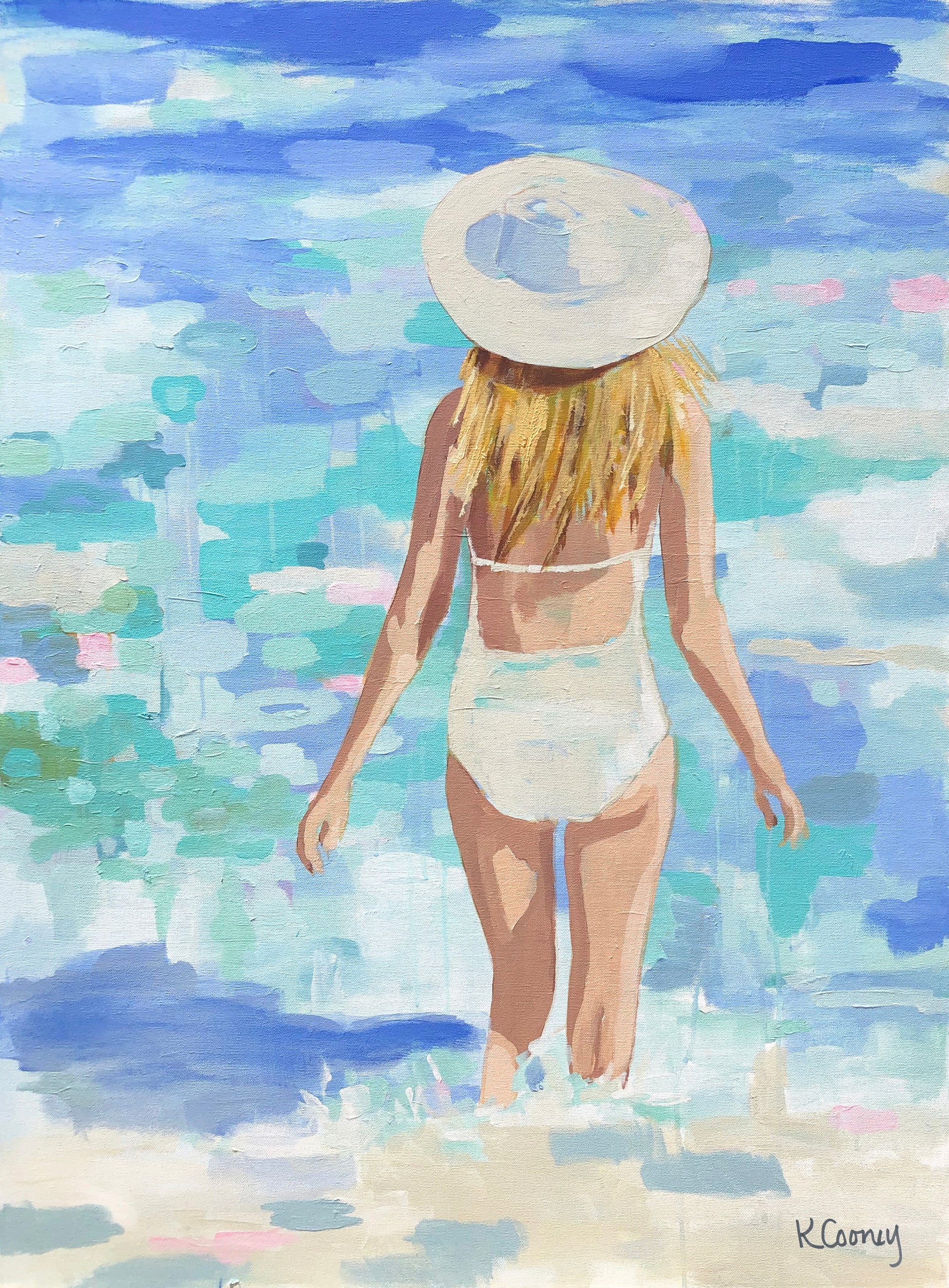 Kristin Cooney's fine art giclee print titled GWYNETH of a pretty woman in a white bathing suit at the beach, walking into the waves, has a feminine palm beach vibe and is the perfect art to add some fun and elegance any home decor, interior design.  A nod to vintage glamour with free U.S. shipping and multiple size options. Created from an original painting by Kristin Cooney.