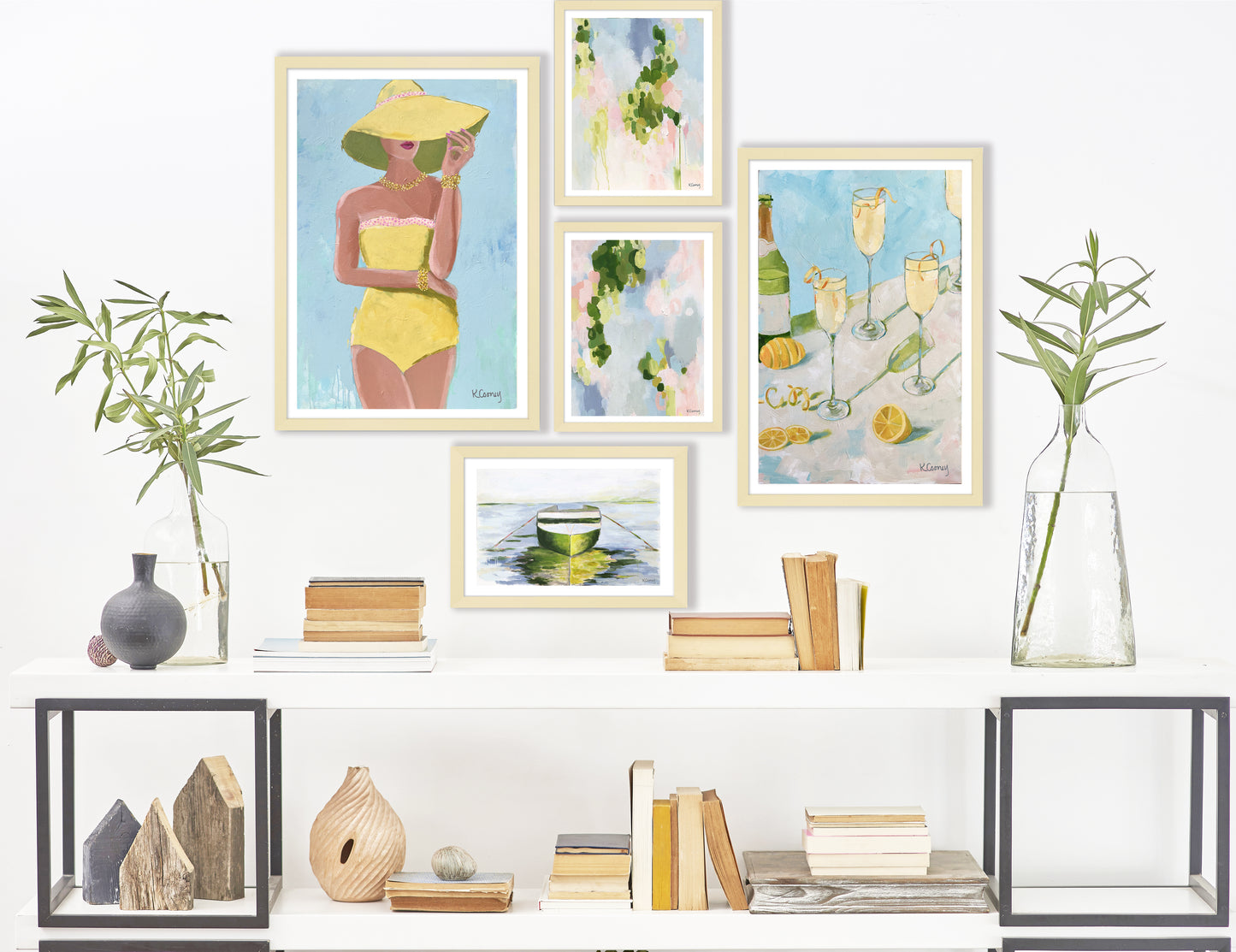 A gallery wall of artwork from Kristin Cooney Studio. Art print titled SUNNY OUTLOOK from the BATHING BEAUTIES COLLECTION by Kristin Cooney , artwork of glamorous woman in yellow bathing suit and hat. Free US Shipping, faming options.  Created from an original painting by Kristin Cooney