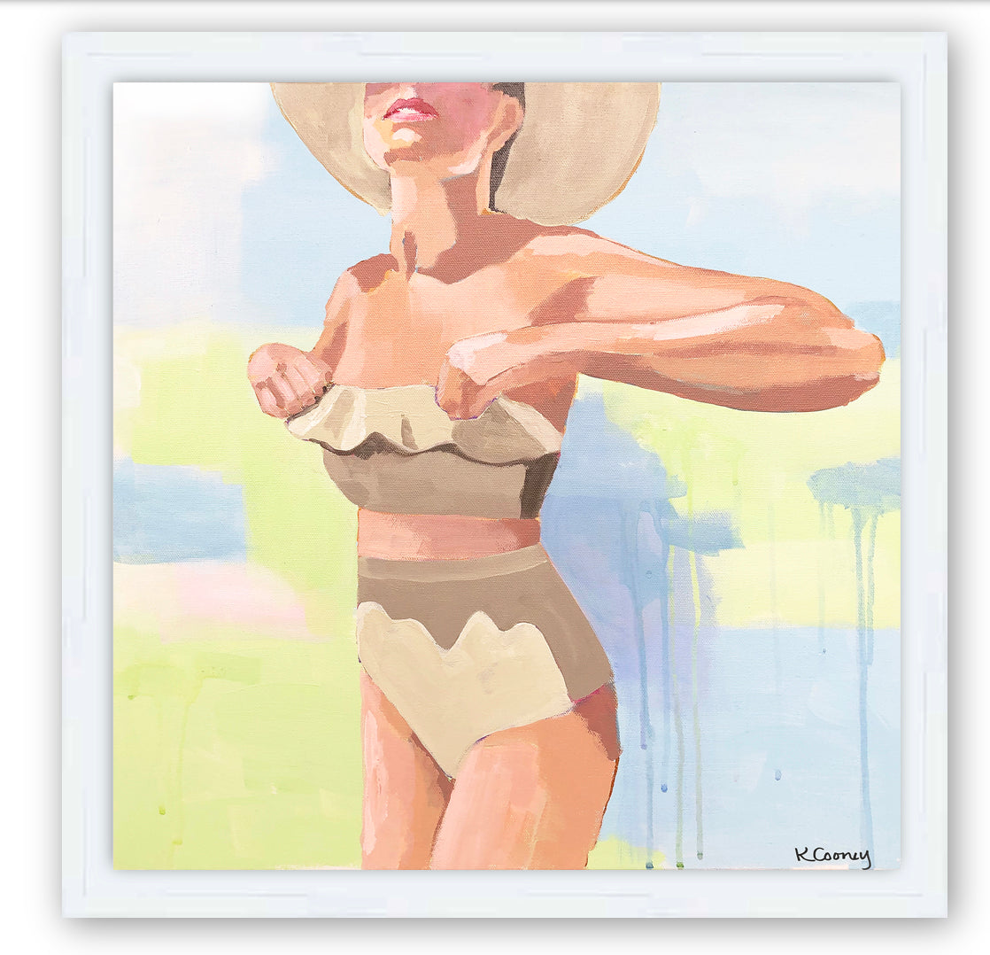 The NICOLE  fine art print by Kristin Cooney—featuring a glamorous woman in a high waisted bikini swimsuit.  A nod to vintage glamour with free U.S. shipping and multiple size options. Created from an original painting by Kristin Cooney. Fine art prints in a coastal theme to add beauty to any home decor, interior design, beach house art, spa art, female figure art, bedroom art