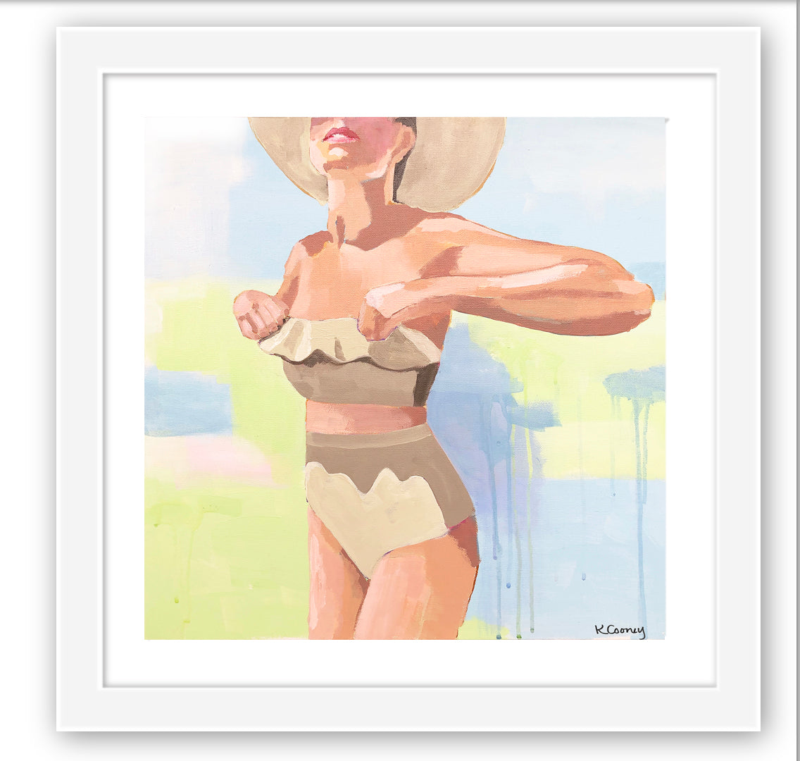 The NICOLE  fine art print by Kristin Cooney—featuring a glamorous woman in a high waisted bikini swimsuit.  A nod to vintage glamour with free U.S. shipping and multiple size options. Created from an original painting by Kristin Cooney. Fine art prints in a coastal theme to add beauty to any home decor, interior design, beach house art, spa art, female figure art, bedroom art