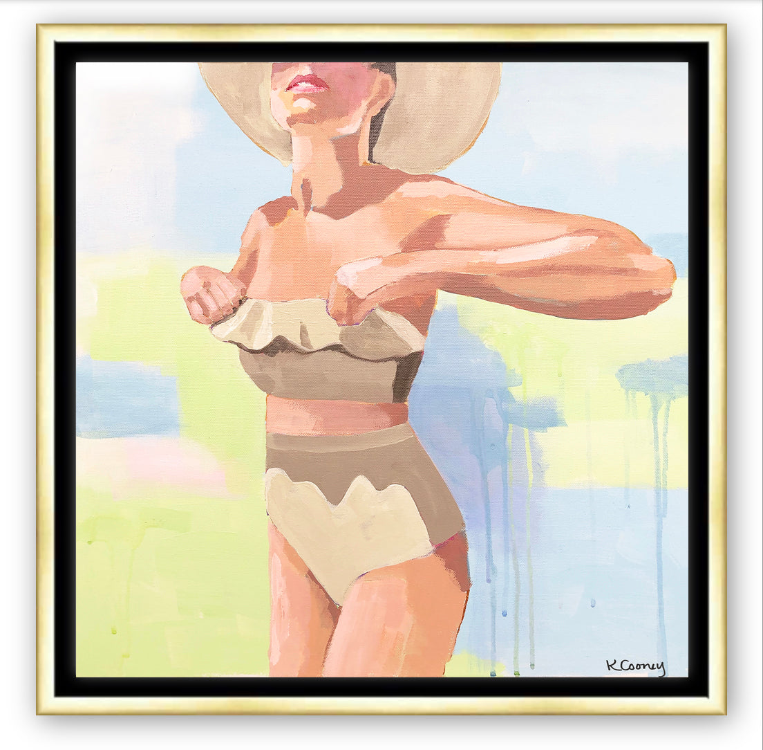 The NICOLE  fine art print by Kristin Cooney—featuring a glamorous woman in a high waisted bikini swimsuit.  A nod to vintage glamour with free U.S. shipping and multiple size options. Created from an original painting by Kristin Cooney. Fine art prints in a coastal theme to add beauty to any home decor, interior design, beach house art, spa art, female figure art, bedroom art