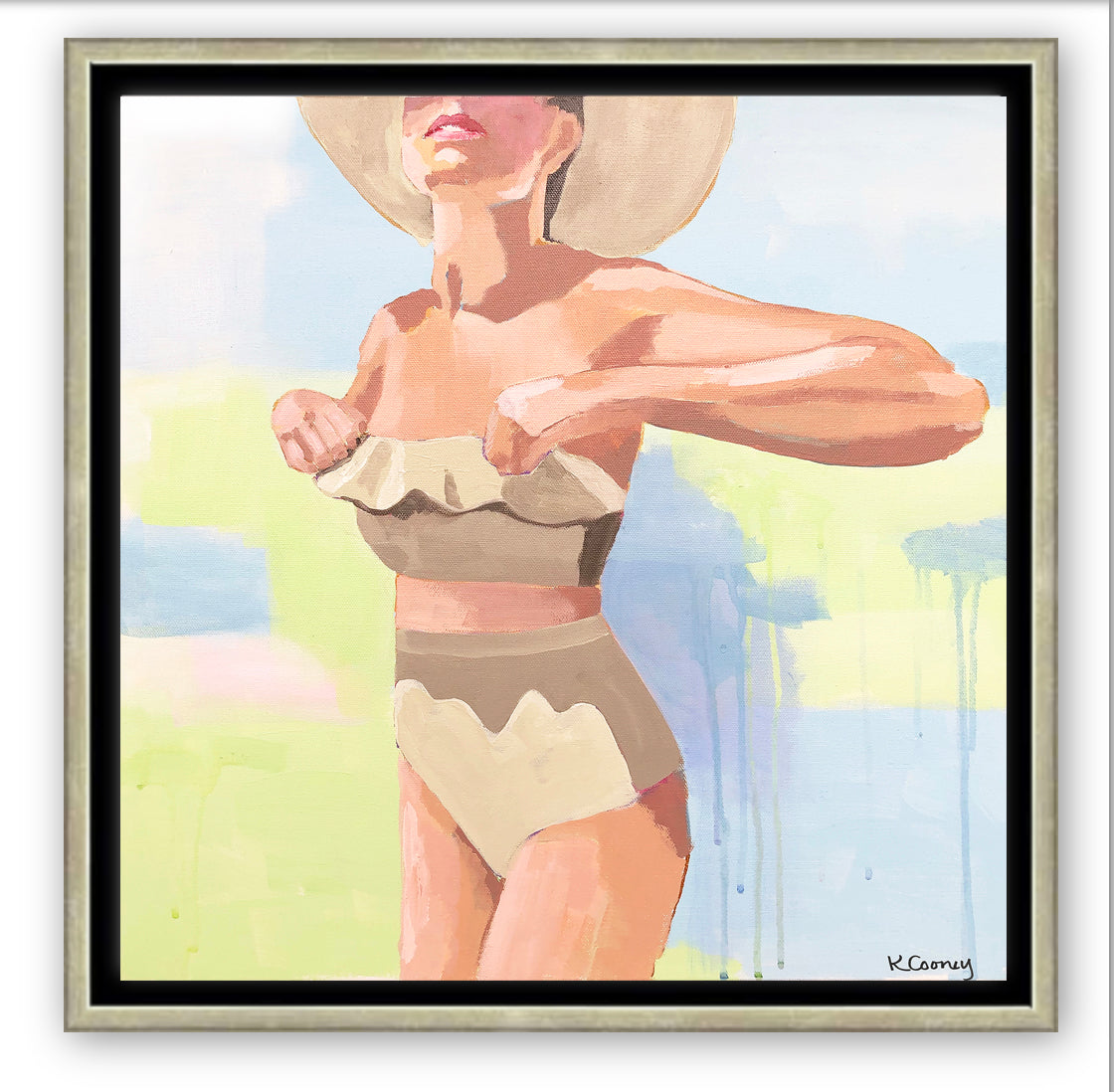 The NICOLE  fine art print by Kristin Cooney—featuring a glamorous woman in a high waisted bikini swimsuit.  A nod to vintage glamour with free U.S. shipping and multiple size options. Created from an original painting by Kristin Cooney. Fine art prints in a coastal theme to add beauty to any home decor, interior design, beach house art, spa art, female figure art, bedroom art