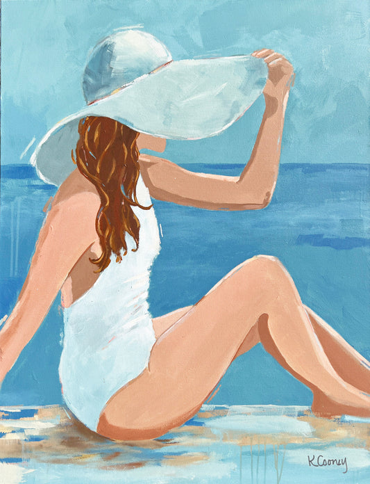 Art print titled PENELOPE from the BATHING BEAUTIES COLLECTION by Kristin Cooney , artwork of glamorous woman in  white bathing suit and hat