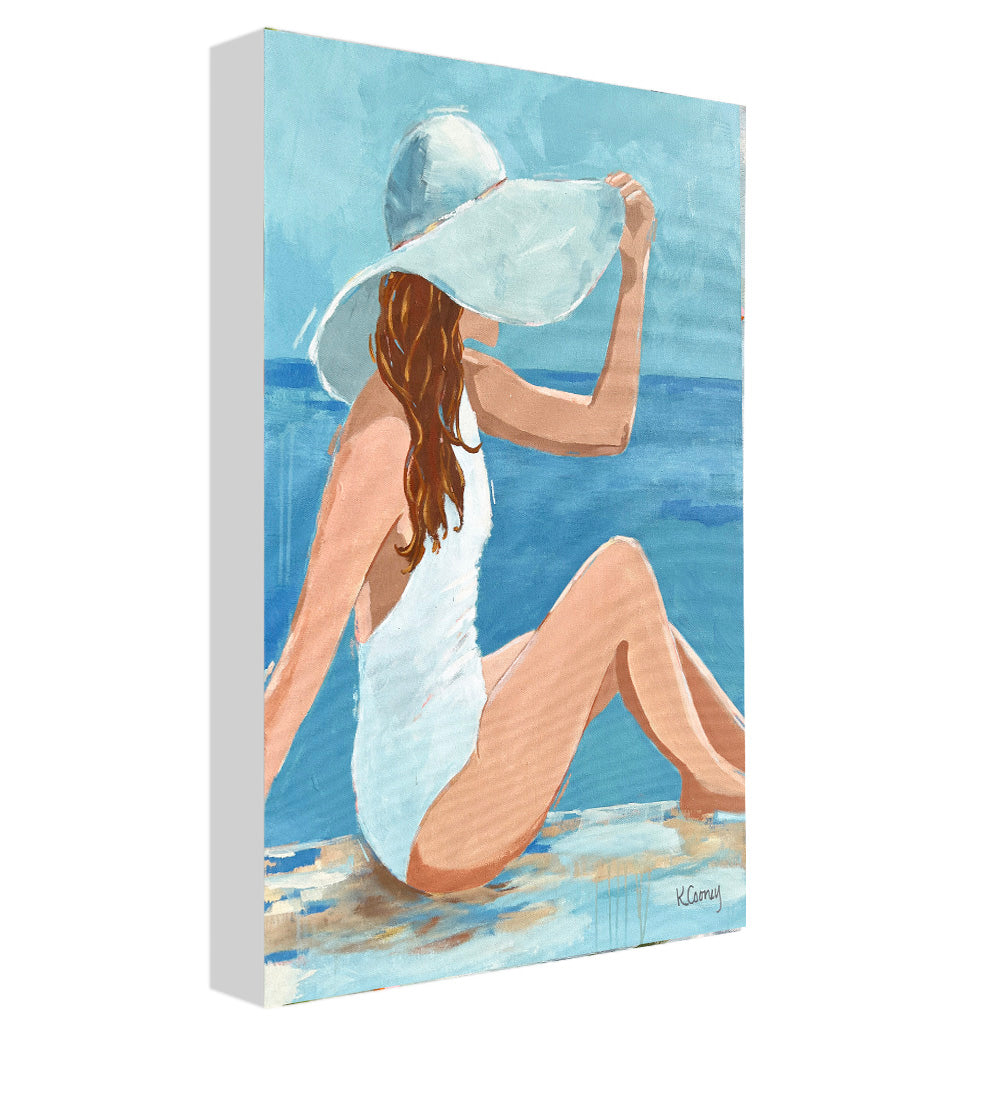 Art print titled PENELOPE from the BATHING BEAUTIES COLLECTION by Kristin Cooney , artwork of glamorous woman in  white bathing suit and hat