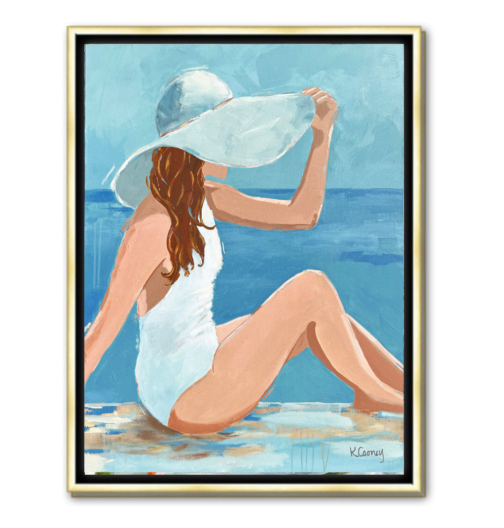 Art print titled PENELOPE from the BATHING BEAUTIES COLLECTION by Kristin Cooney , artwork of glamorous woman in  white bathing suit and hat