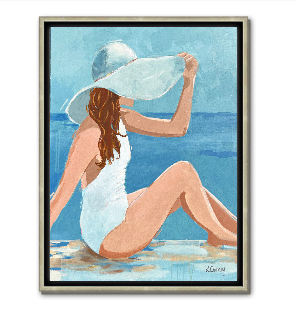 Art print titled PENELOPE from the BATHING BEAUTIES COLLECTION by Kristin Cooney , artwork of glamorous woman in  white bathing suit and hat
