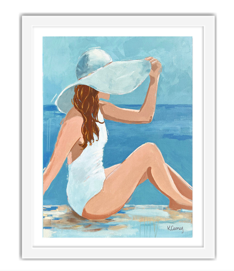 Art print titled PENELOPE from the BATHING BEAUTIES COLLECTION by Kristin Cooney , artwork of glamorous woman in  white bathing suit and hat