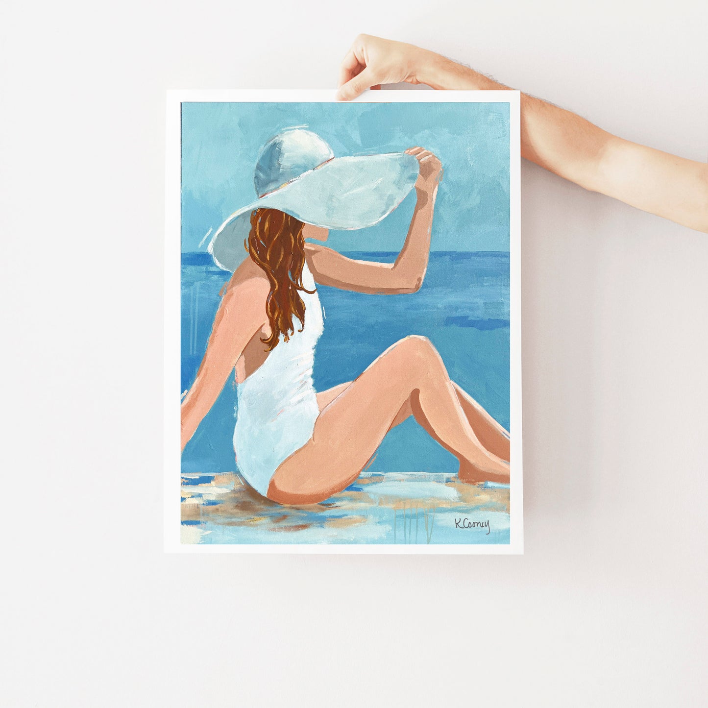Art print titled PENELOPE from the BATHING BEAUTIES COLLECTION by Kristin Cooney , artwork of glamorous woman in  white bathing suit and hat