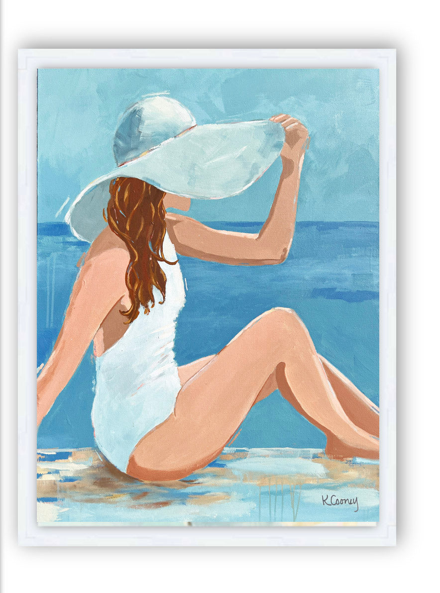 Art print titled PENELOPE from the BATHING BEAUTIES COLLECTION by Kristin Cooney , artwork of glamorous woman in  white bathing suit and hat