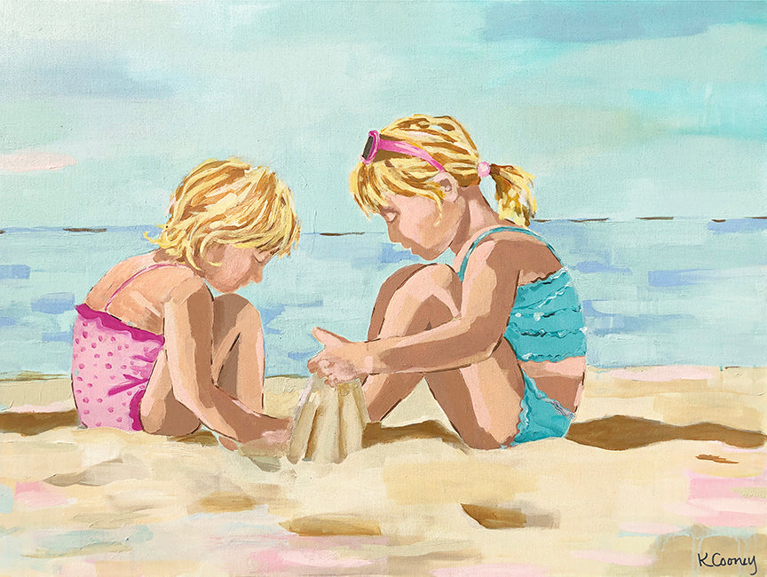 Seaside Sisters Print - Two Girls Playing Beach Art | Kristin