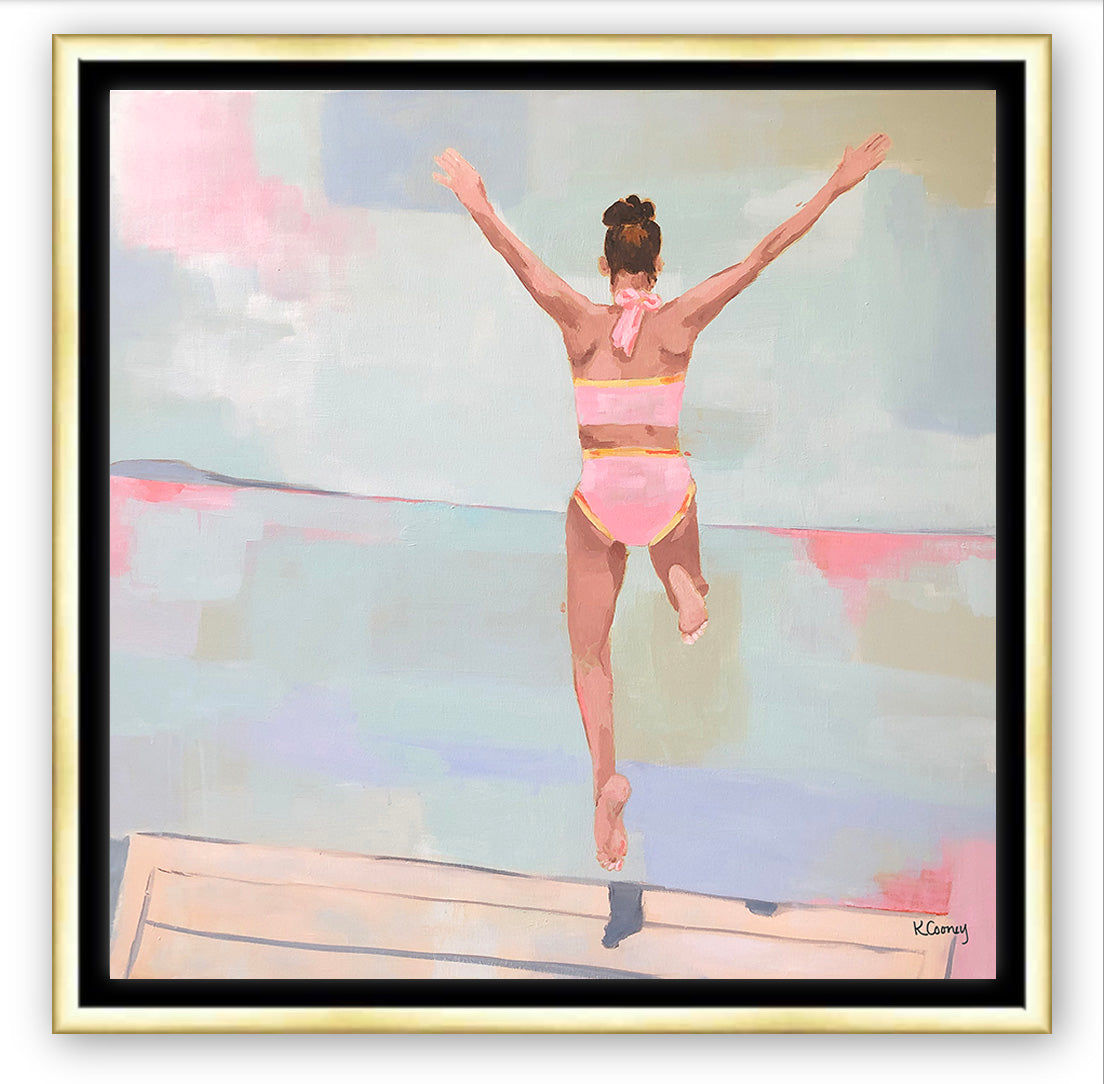 Kristin Cooney's fine art print titled SUMMER PLUNGE,  from her Bathing Beauties collection, inspired by 1950's beach fashion and femininity. Woman in pink bikini jumping onto water, beach. Elegant nostalgic fashion art to add beauty to any home decor, beach house, or lake house.  A nod to vintage glamour with free U.S. shipping and multiple size options. Created from an original painting by Kristin Cooney. Fine art prints in a coastal theme to add beauty to any home decor, interior design, beach house art,