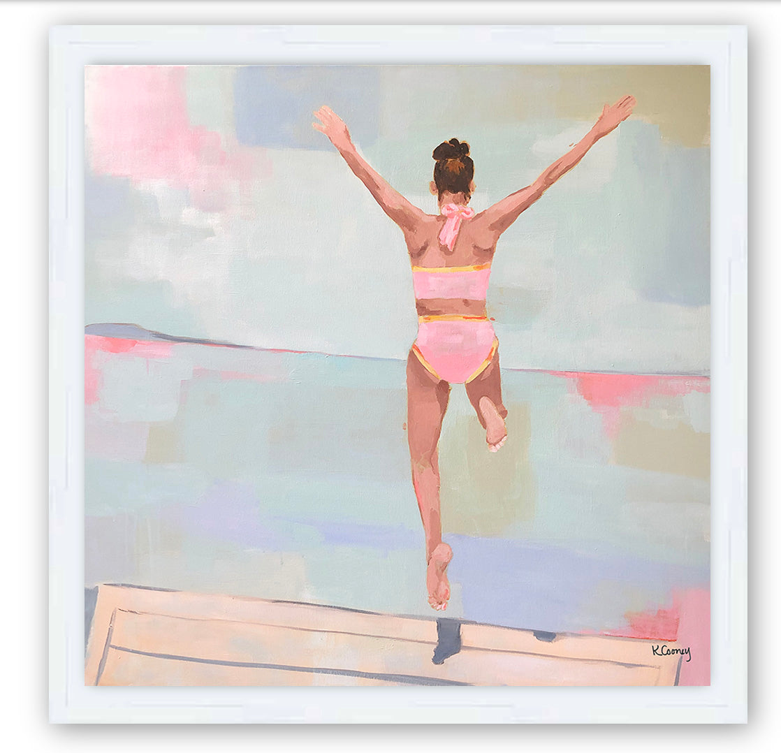 Kristin Cooney's fine art print titled SUMMER PLUNGE,  from her Bathing Beauties collection, inspired by 1950's beach fashion and femininity. Woman in pink bikini jumping onto water, beach. Elegant nostalgic fashion art to add beauty to any home decor, beach house, or lake house.  A nod to vintage glamour with free U.S. shipping and multiple size options. Created from an original painting by Kristin Cooney. Fine art prints in a coastal theme to add beauty to any home decor, interior design, beach house art,