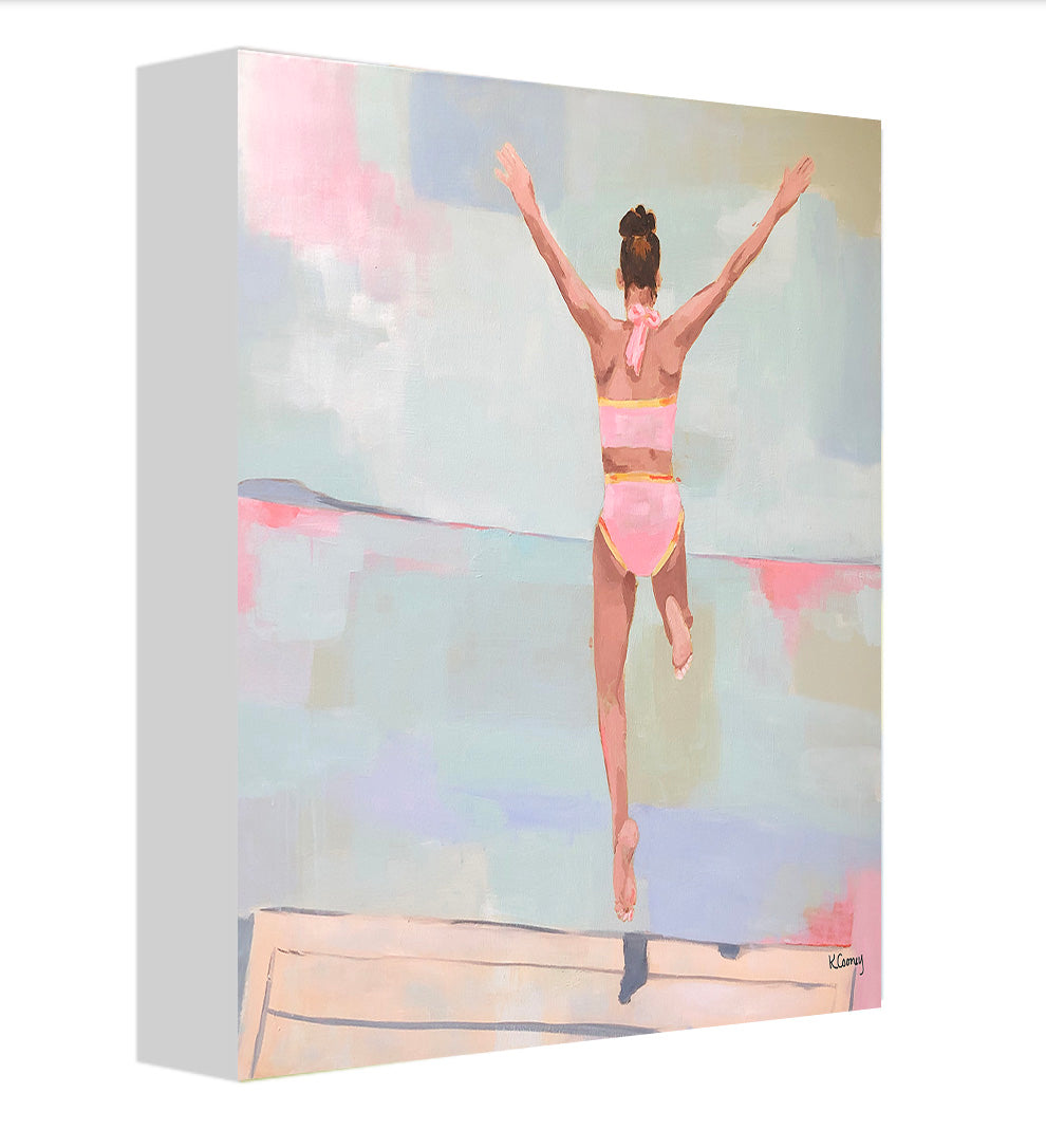 Kristin Cooney's fine art print titled SUMMER PLUNGE,  from her Bathing Beauties collection, inspired by 1950's beach fashion and femininity. Woman in pink bikini jumping onto water, beach. Elegant nostalgic fashion art to add beauty to any home decor, beach house, or lake house.  A nod to vintage glamour with free U.S. shipping and multiple size options. Created from an original painting by Kristin Cooney. Fine art prints in a coastal theme to add beauty to any home decor, interior design, beach house art,