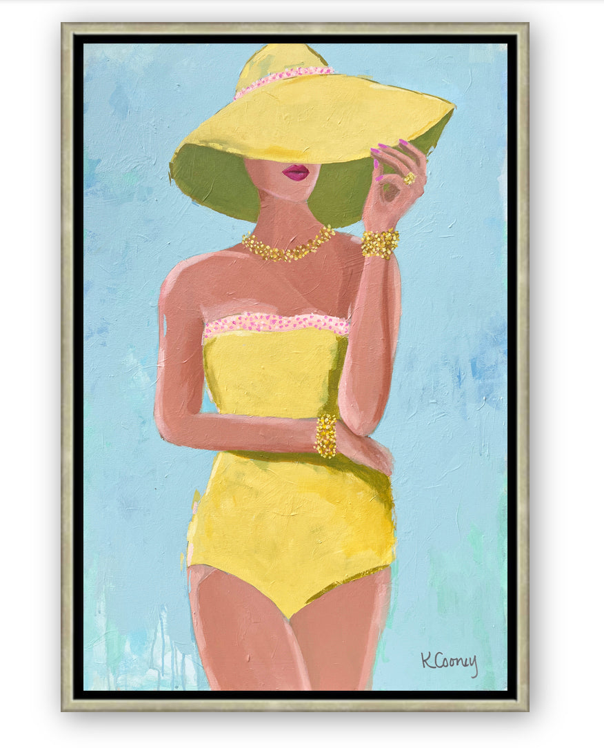Art print titled SUNNY OUTLOOK from the BATHING BEAUTIES COLLECTION by Kristin Cooney , artwork of glamorous woman in yellow bathing suit and hat. Free US Shipping, faming options.  Created from an original painting by Kristin Cooney
