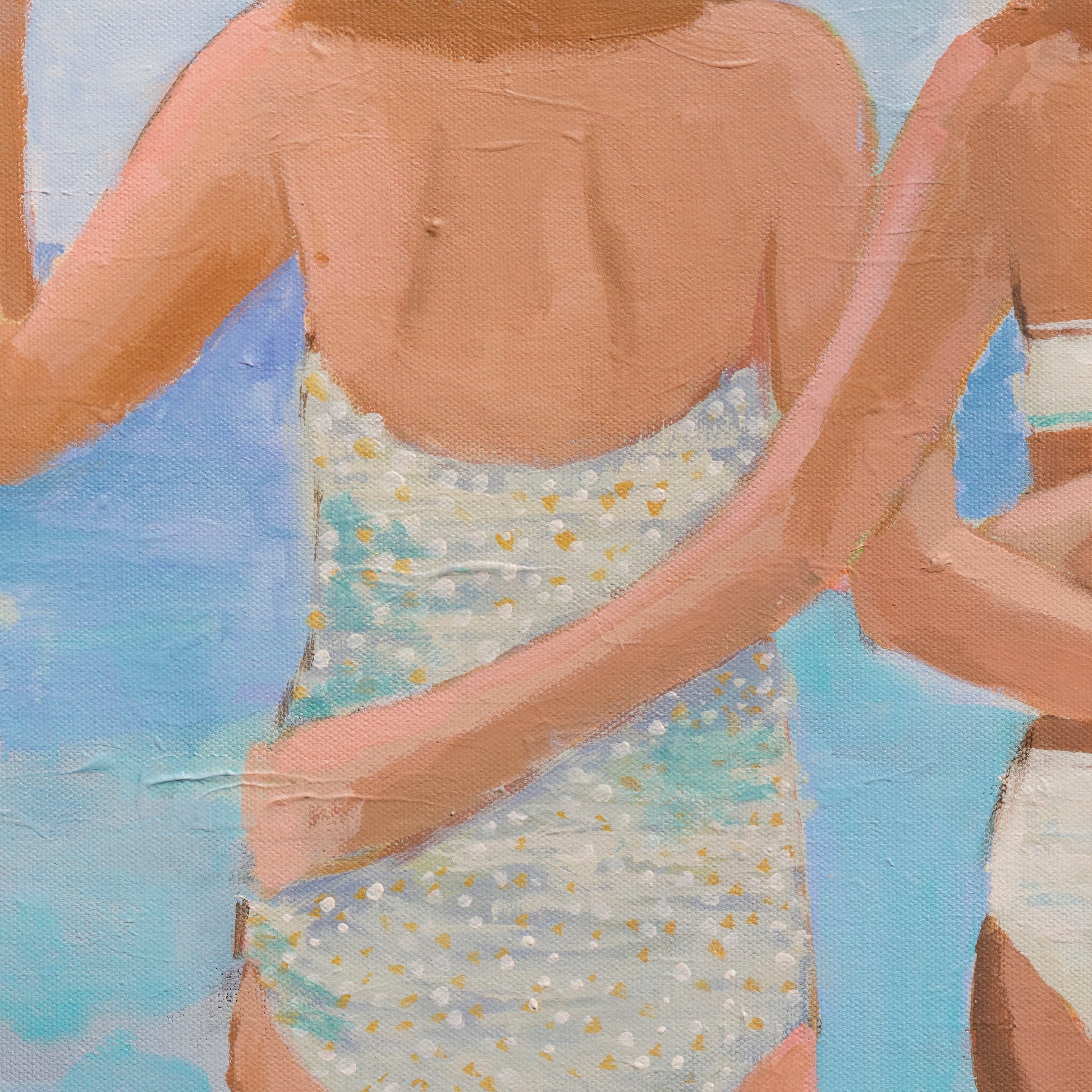 Close up View of an artwork print featuring three women in swimsuits and straw hats, viewed from behind, walking on a beach with a stylized, painterly approach in pastel colors. Created from an original painting by Kristin Cooney