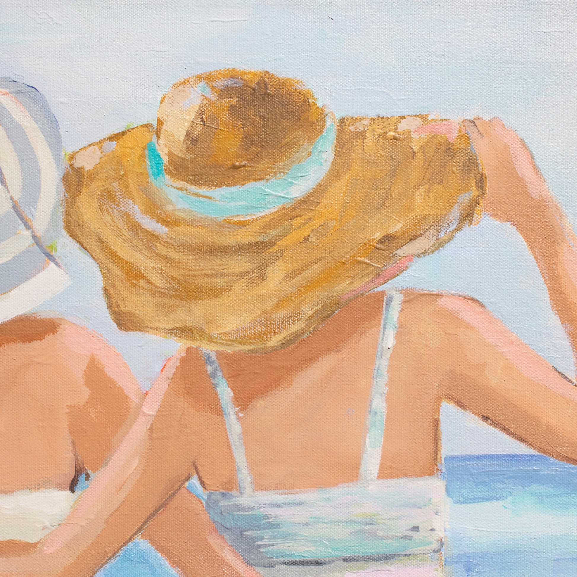 An artwork print featuring three women in swimsuits and straw hats, viewed from behind, walking on a beach with a stylized, painterly approach in pastel colors. Created from an original painting by Kristin Cooney