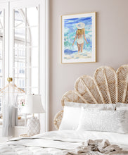 Load image into Gallery viewer, Kristin Cooney&#39;s fine art giclee print titled GWYNETH of a pretty woman in a white bathing suit at the beach, walking into the waves, has a feminine palm beach vibe and is the perfect art to add some fun and elegance any home decor, interior design.  A nod to vintage glamour with free U.S. shipping and multiple size options. Created from an original painting by Kristin Cooney.
