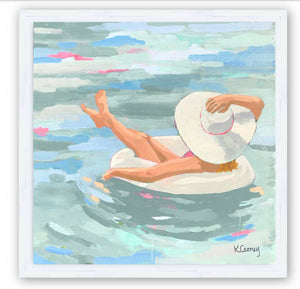 Kristin Cooney's fine art print from her Bathing Beauties collection, inspired by 1950's beach fashion and femininity. The HANNAH fine art print by Kristin Cooney—featuring a glamorous woman in a pink swimsuit and sunhat, gracefully lounging in a pool float. A nod to vintage glamour with free U.S. shipping and multiple size options. Created from an original painting by Kristin Cooney.