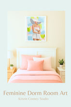 Load image into Gallery viewer, Kristin Cooney&#39;s fine art giclee print of a pretty woman in a white bathing suit sipping a pink cocktail, with a sunhat on, has a feminine palm beach vibe and is the perfect art to add some fun and elegance any home decor, interior design.  A nod to vintage glamour with free U.S. shipping and multiple size options. Created from an original painting by Kristin Cooney.
