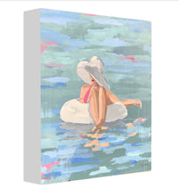 Load image into Gallery viewer, Art print titled PRISCILLA from the BATHING BEAUTIES COLLECTION by Kristin Cooney, inspired by 1950&#39;s beach fashion and femininity. The PRISCILLA fine art print by Kristin Cooney—featuring a glamorous woman in a pink swimsuit and sunhat, gracefully lounging in a pool float. A nod to vintage glamour with free U.S. shipping and multiple size options. Created from an original painting by Kristin Cooney.
