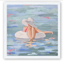 Load image into Gallery viewer, Art print titled PRISCILLA from the BATHING BEAUTIES COLLECTION by Kristin Cooney, inspired by 1950&#39;s beach fashion and femininity. The PRISCILLA fine art print by Kristin Cooney—featuring a glamorous woman in a pink swimsuit and sunhat, gracefully lounging in a pool float. A nod to vintage glamour with free U.S. shipping and multiple size options. Created from an original painting by Kristin Cooney.
