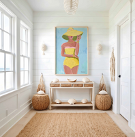 Art print titled SUNNY OUTLOOK from the BATHING BEAUTIES COLLECTION by Kristin Cooney , artwork of glamorous woman in yellow bathing suit and hat. Free US Shipping, faming options.  Created from an original painting by Kristin Cooney