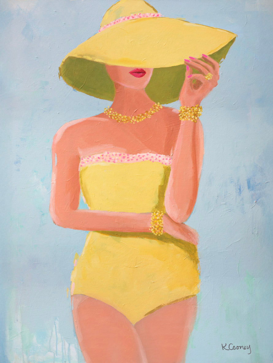 Woman in a yellow vintage bathing suit and sunhat against a light blue background - coastal  art print