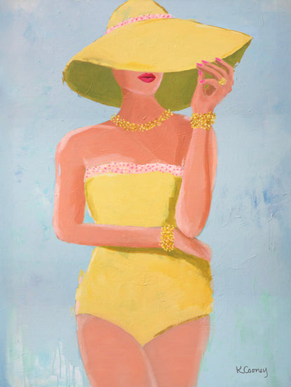 Woman in a yellow vintage bathing suit and sunhat against a light blue background - coastal  art print