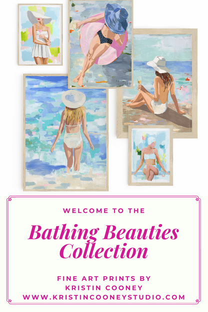 Kristin Cooney's fine art giclee print of a pretty woman in a bikini floating in an innertube in a beautiful water scene, has a feminine palm beach vibe and is the perfect art to add some fun and elegance any home decor, interior design. Printed on Archival Matte Paper Metallic Bamboo frame or natural wood frame.