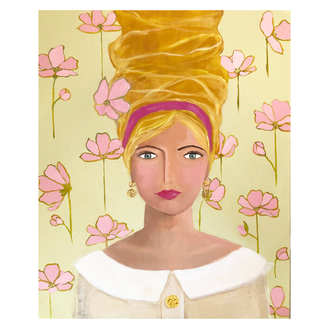 Kristin Cooney's original acrylic painting of a blonde woman with 1950's fashion hair and clothing. floral background. Light pink, green, and white will look beautiful in any home decor, interior design. 