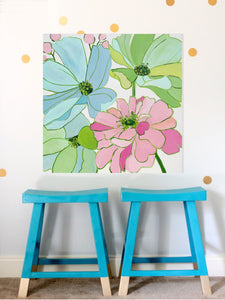 Kristin Cooney's original flower  painting has the beauty of light pink, green, and blue flowers.. The happy colors unite to make each piece in the FLORA SERIES a source of joy, palm beach decor, chinoiserie, decor, home, midcentury wallpaper patterns. Floral art, flowers, pink flowers, abstract flowers, nursery art