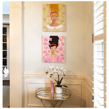 Load image into Gallery viewer, Kristin Cooney&#39;s original acrylic painting of a blonde woman with 1950&#39;s fashion hair and clothing. floral background. Light pink, green, and white will look beautiful in any home decor, interior design. 
