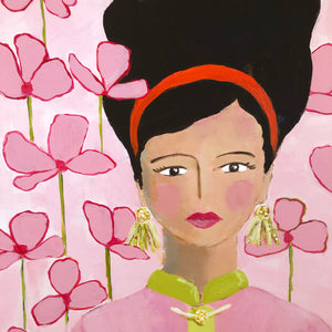 Kristin Cooney's original painting of a brunette woman with 1950's fashion hair and clothing including mandarin collar.