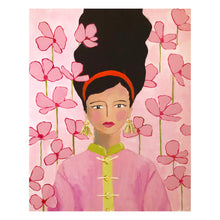 Load image into Gallery viewer, Kristin Cooney&#39;s original painting of a brunette woman with 1950&#39;s fashion hair and clothing including mandarin collar.
