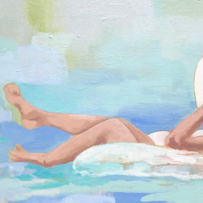 Kristin Cooney's fine art print from her Bathing Beauties collection, inspired by 1950's beach fashion and femininity. Woman in bikini and sun hat, floating in inner tube in pool. Elegant nostalgic fashion art to add beauty to any home decor, interior design, beach house art, spa art, female figure art, bedroom art