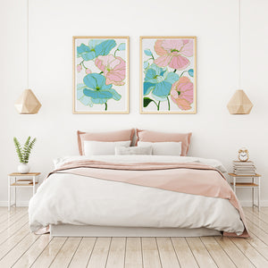 Kristin Cooney's floral art print set has the beauty of light pink, green, and blue flowers. The happy colors unite to make each piece in the FLORA SERIES a source of joy, palm beach decor, chinoiserie, decor, home, midcentury wallpaper patterns. Floral art, flowers, pink flowers, abstract flowers, nursery art