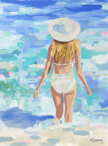 Kristin Cooney's fine art giclee print titled GWYNETH of a pretty woman in a white bathing suit at the beach, walking into the waves, has a feminine palm beach vibe and is the perfect art to add some fun and elegance any home decor, interior design.  A nod to vintage glamour with free U.S. shipping and multiple size options. Created from an original painting by Kristin Cooney.