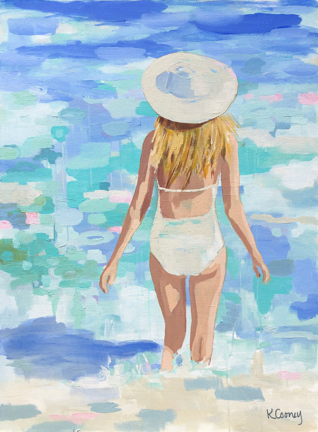 Kristin Cooney's fine art giclee print titled GWYNETH of a pretty woman in a white bathing suit at the beach, walking into the waves, has a feminine palm beach vibe and is the perfect art to add some fun and elegance any home decor, interior design.  A nod to vintage glamour with free U.S. shipping and multiple size options. Created from an original painting by Kristin Cooney.